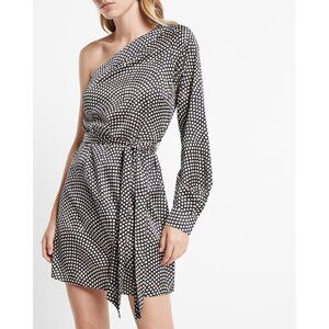Express Printed Satin One Shoulder Tie Waist Mini Dress XS